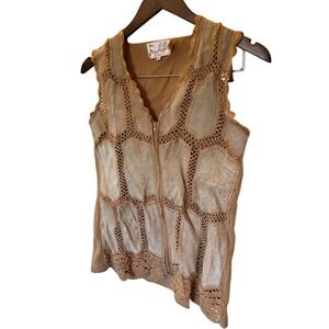 Vintage Rochelle California Leather Patchwork Crochet Zip Vest Tan Women's M